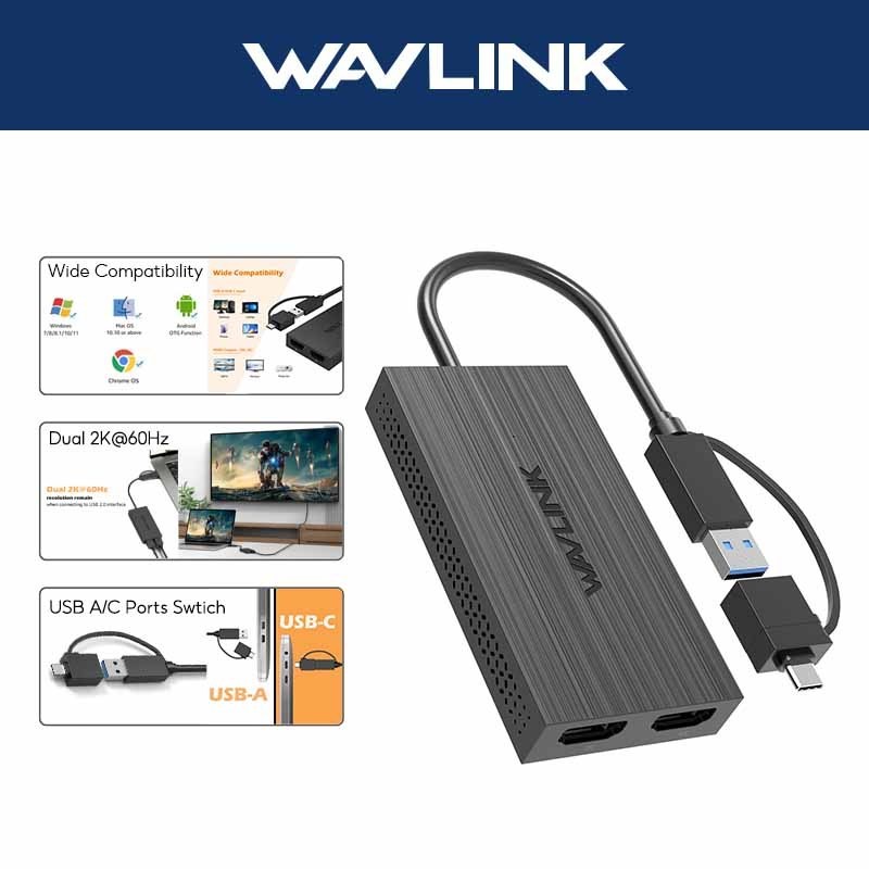 Jual WAVLINK USB ke HDMI Adapter MAX 2K@60Hz 1 in 2 Out HDMI Splitter ...