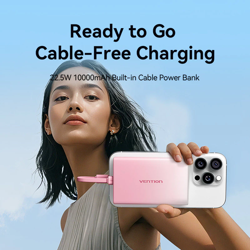 Vention Powerbank 10000mAh Built in Cable USB Type C to Lightning Fast Charging 22.5W iPhone Android