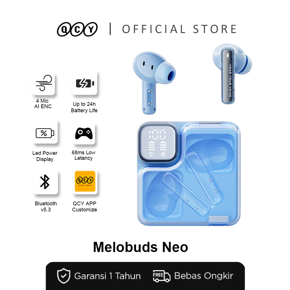 QCY MeloBuds Neo QT31 | LED Power Display | ENC 4 Mic | Bluetooth 5.3 | 24 Jam Playtime | Gaming Mode 68ms EQ Mode