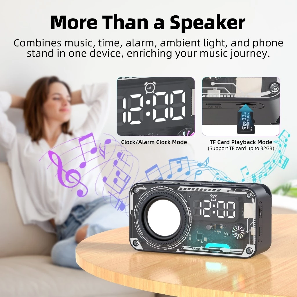 GOOJODOQ AB4088 jam speaker Bluetooth dengan lampu RGB, dudukan ponsel, dan mode TF card