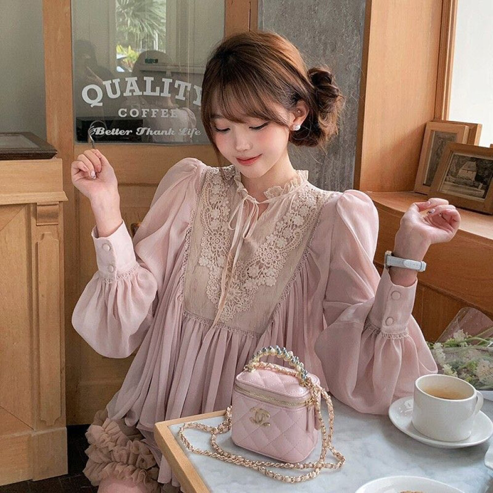 Jual ‌Pink Contrast Long Sleeve Blouse for Women | Fashion | Casual ...