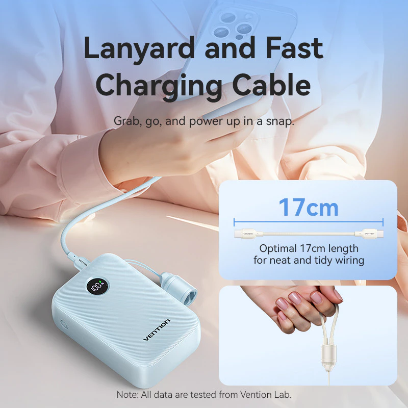 Vention Powerbank 20000mAh 22.5W Built in Cable Fast Charging Dual Port USB-C USB-A for iPhone Android