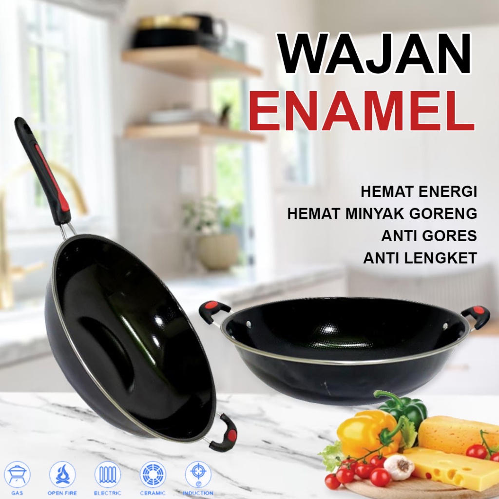 Jual Wajan Enamel Panci Hitam Kuping Gagang Panjang Wajan Anti Gores