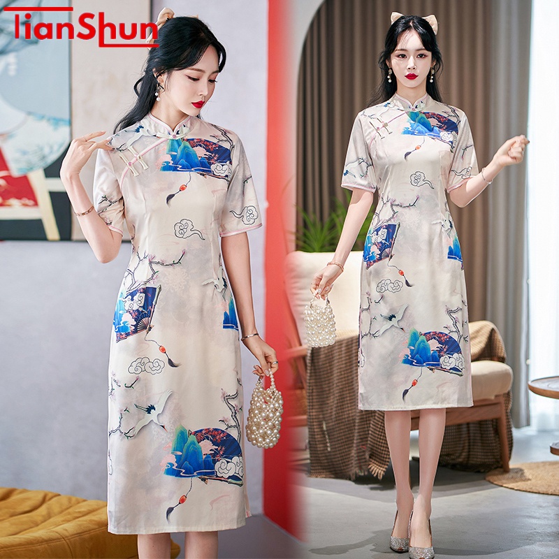 Jual Tianshun Modern Qipao Summer New China Traditional Clothing Poetic ...