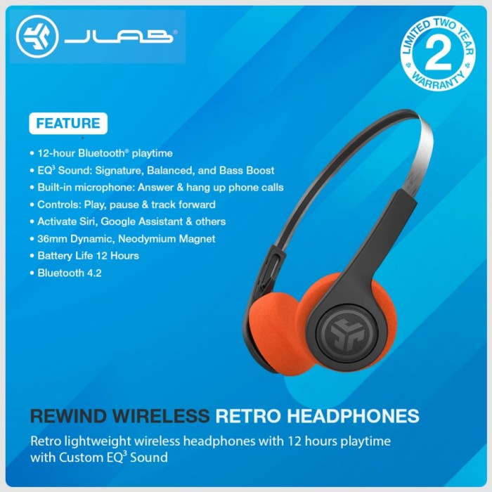 Jual Jlab Rewind Wireless Retro Headphones Bluetooth 14 Hours Playtime ...