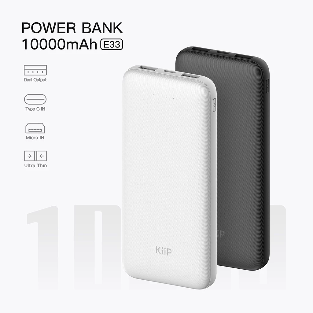 KiiP E33 Power Bank Slim 10000mAh Dual Input Type-C Micro USB Port
