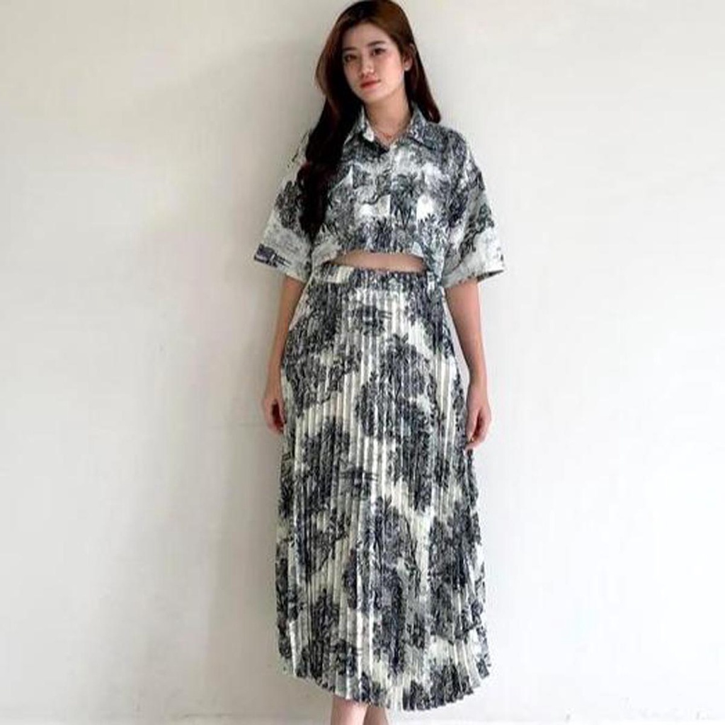 Jual One Set Wanita Nature Korean Vintage Kemeja Crop & Rok Midi ...
