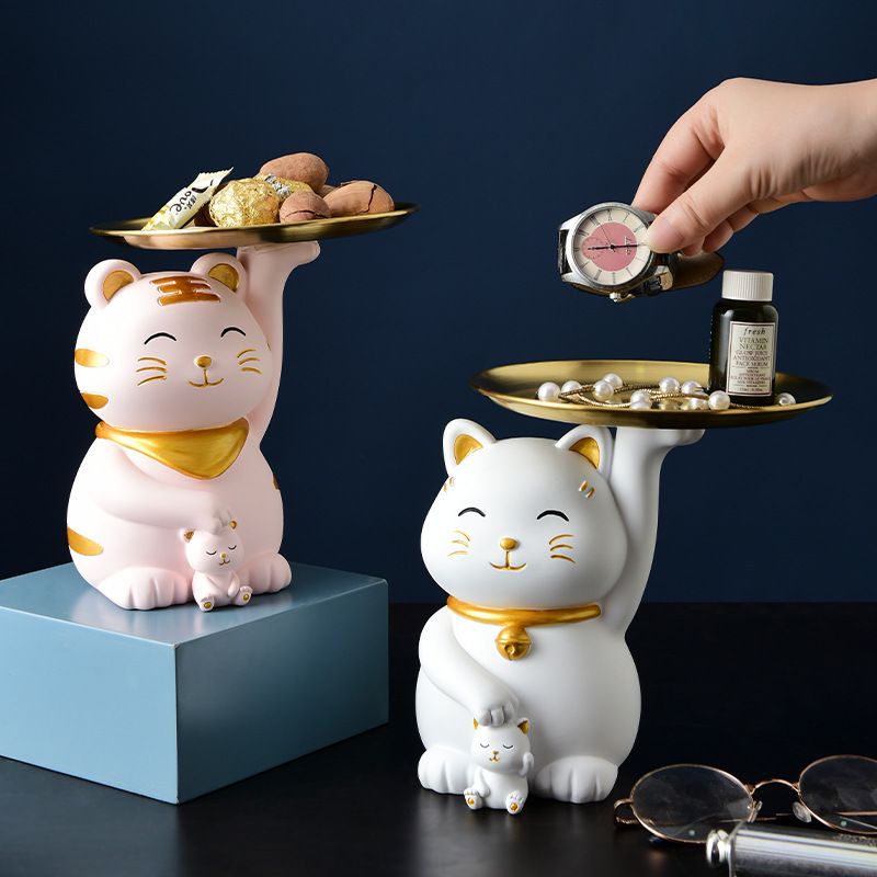 Lucky Cat Tray Figurines Pajangan kucing Hoki Dengan Tray pajangan Kucing Cute Lucu Gaya Nordic Hewan Dekorasi kucing