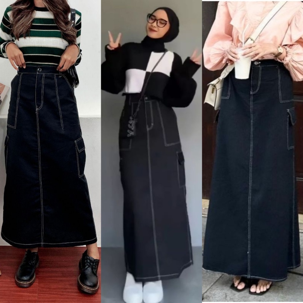 Jual PRODUK PALING LARIS /DB - ROK CARGO LIST SKIRT Jeans Highwaist ...