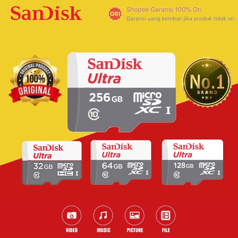 Jual SanDisk memory card hp 32GB 64GB 128GB 256GB Ultra CLASS10 Kartu memori 80Mbps Micro SD