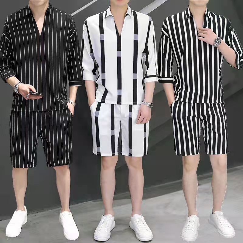Jual New men's casual sports ice silk clothing trend two-piece set for ...