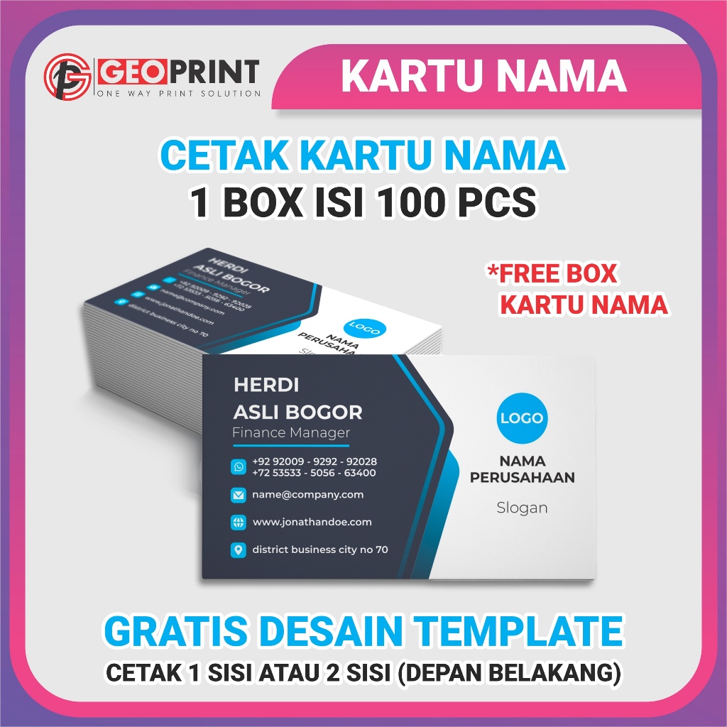 Jual Cetak Kartu Nama Isi 100 PCS FREE BOX Cetak Kartu Nama Sendiri