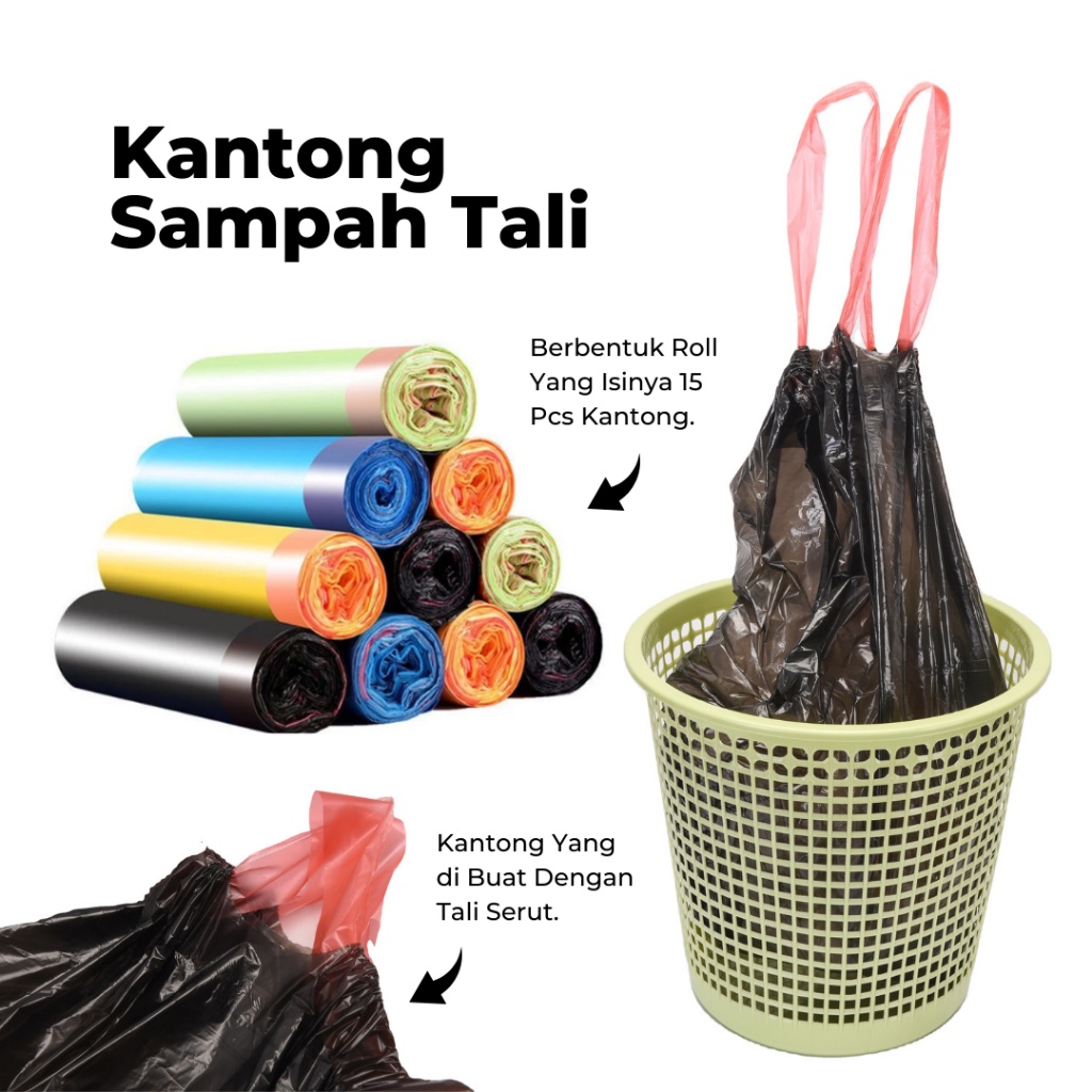 Jual Kantong Plastik Sampah 45x50cm Roll Dengan Tali Trash Bag Tong Sampah Gulungan Premium 8538