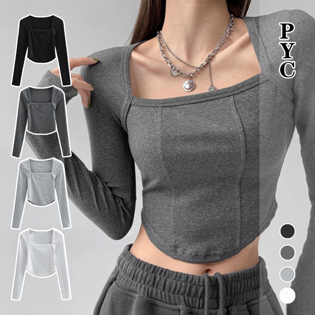Women's Square Neck Crop Long Sleeves Summer Top main image 1