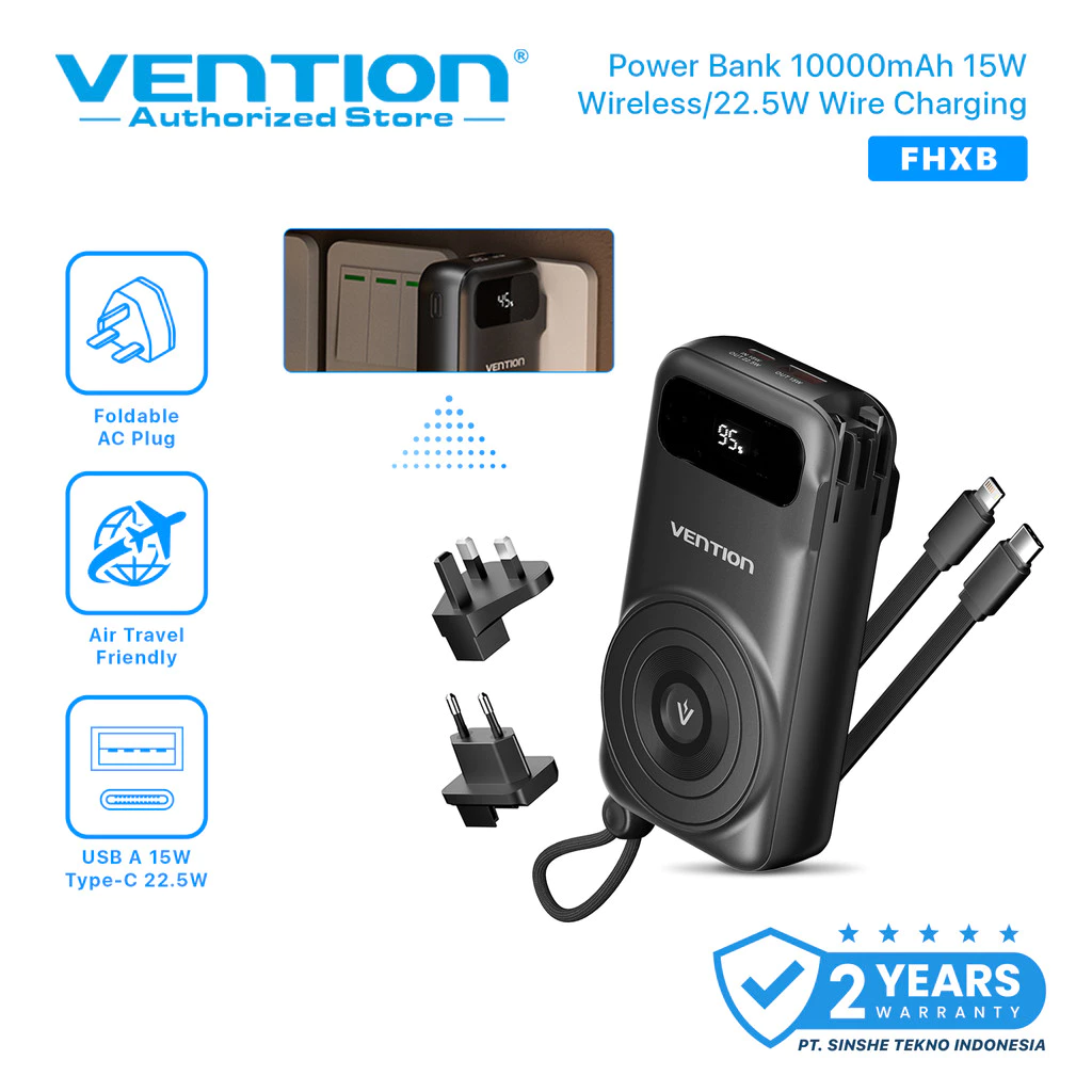Vention Travel Charger Powerbank Wireless with Built in Type C Lightning Cables & AC Plug 22.5W 10000mAh