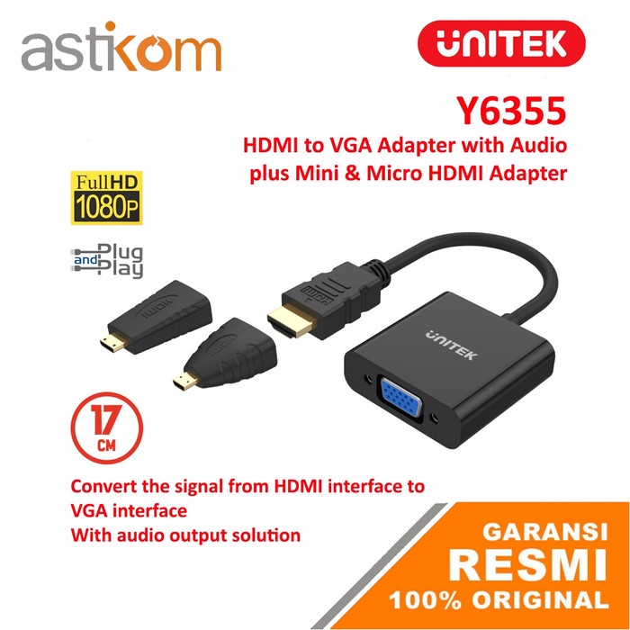 Adaptateur Unitek Mini/Micro HDMI Vers VGA + Audio - Convertisseur Numérique/analogique Avec Prise D'alimentation Optionnelle