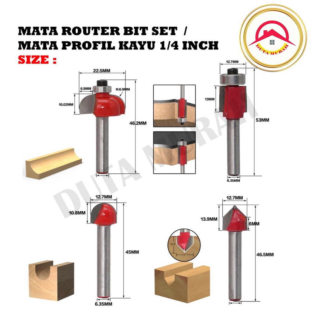 Jual Mata Profil Set 12pcs Trimmer Router Bits Set 1/4Inch Mata Router ...