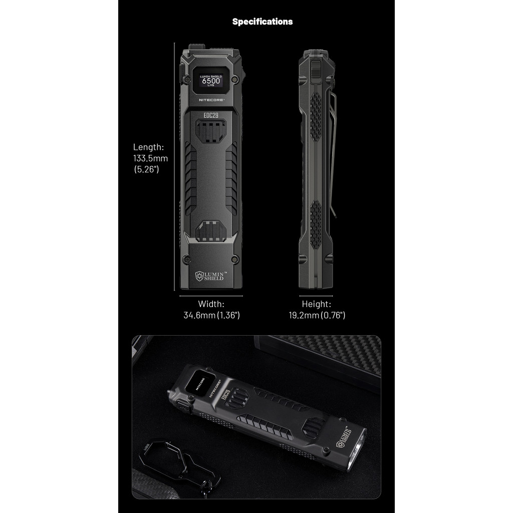 Nitecore EDC29 Flat Flashlight – 6500 Lumen, USB-C Rechargeable, Slim Body – With EdisonBright Carrying Case
