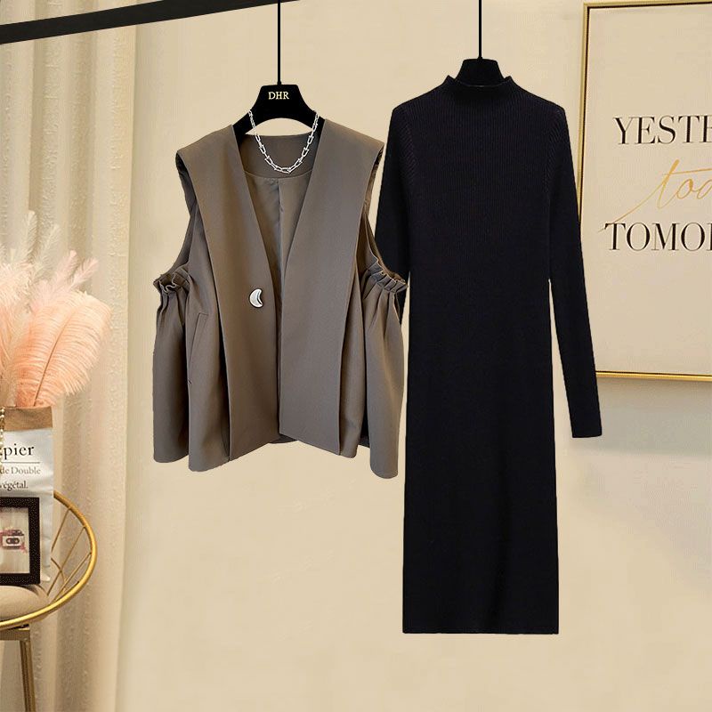 Wool Blend Knit Vest And Shirt Mini Dress Two-Piece Set With Belt