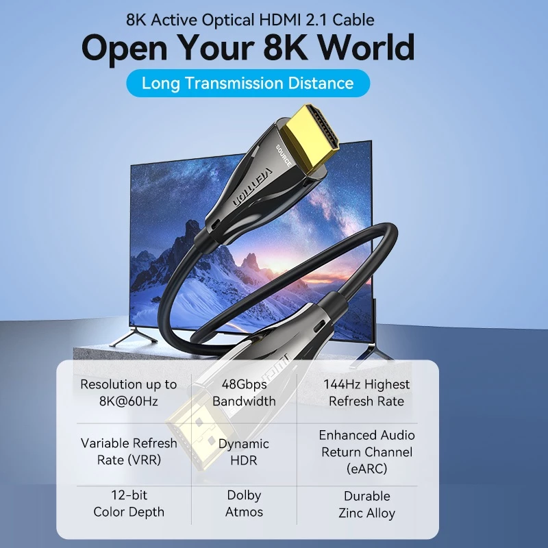 Vention Kabel HDMI 2.1 Optical Male to Male HD Cable 8K 4K Black Zinc Alloy