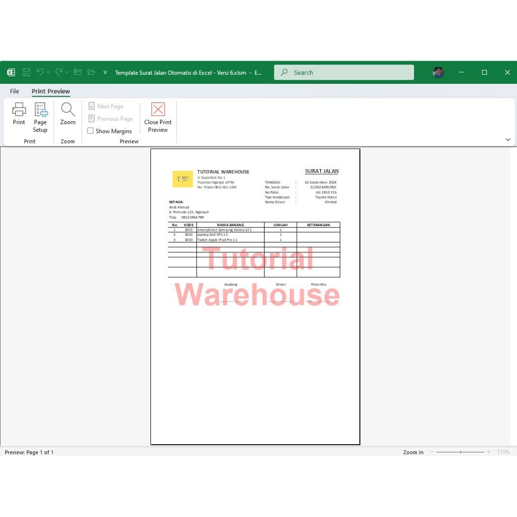 Jual Template Excel Surat Jalan Otomatis Simpan ke Arsip, Cetak PDF ...