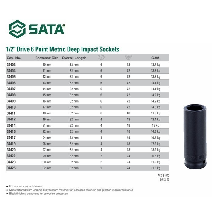 Jual SATA 34406 Kunci Shock 13 mm 1/2 Inch 6 PT Metric Deep Impact ...