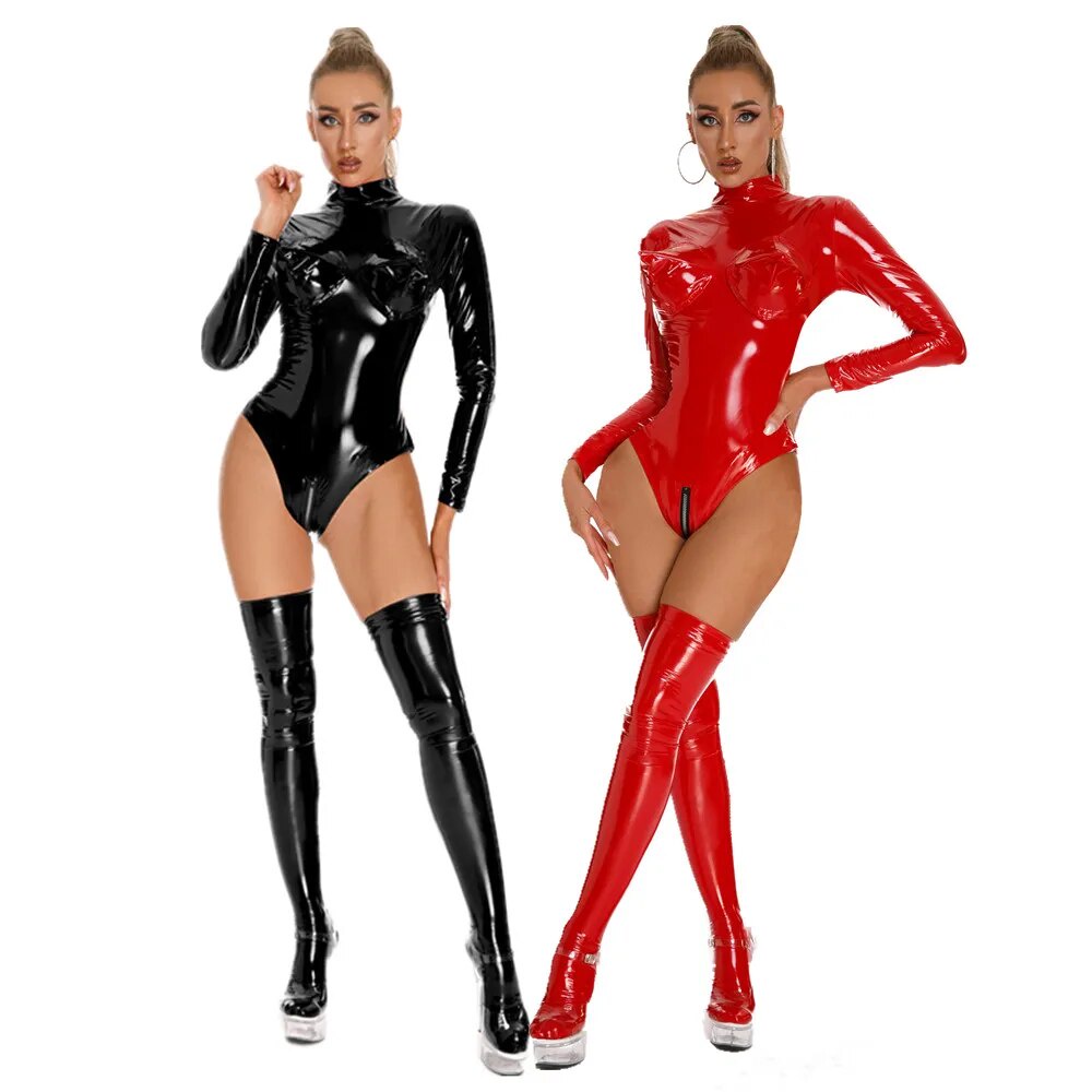 Jual Preorder Women Sexy Lingerie Wetlook Faux Leather Bodysuit Long