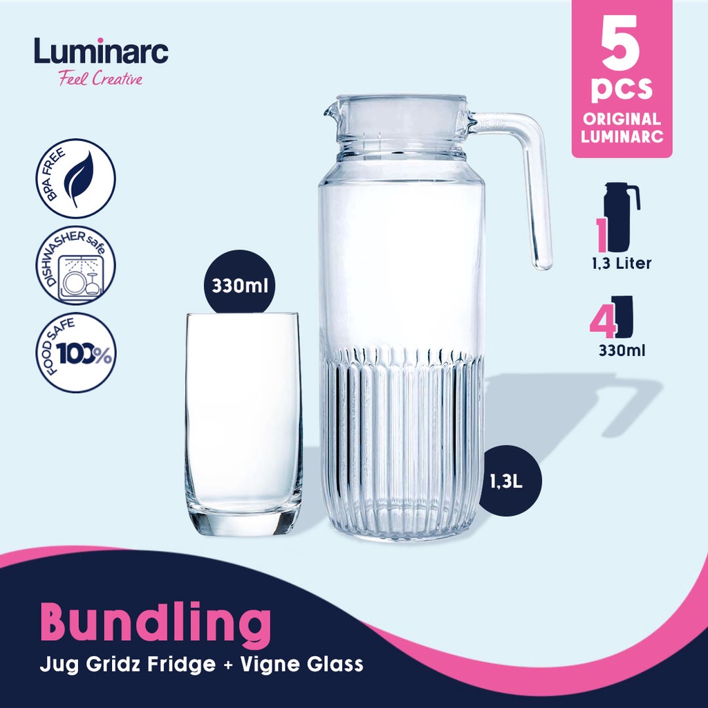 Jual Luminarc Bundling Drinkset Gridz Fridge Jug 13l Gelas Vigne 330ml X 4 Pcs Shopee 1565