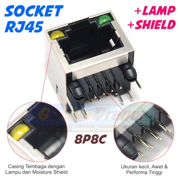 Jual Socket RJ45 with Lamp and Shield Copper Shell 8P8C 56 LAN Network ...