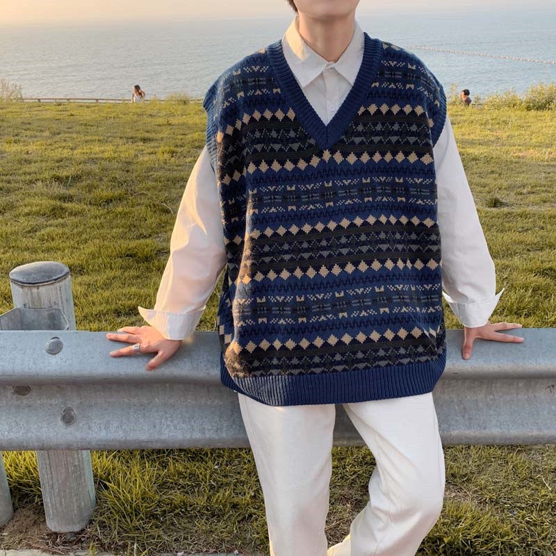 HAU ハウ knit vest \"cotton vintage\" Women Jacquard Vintage Cottagecore Vest V-neck Cardigan