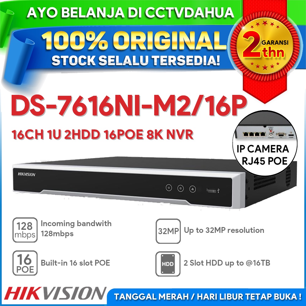 Jual HIKVISION DS-7616NI-M2/16P 16CH 1U 2HDD 16POE 8K NVR UP TO 32MP ...