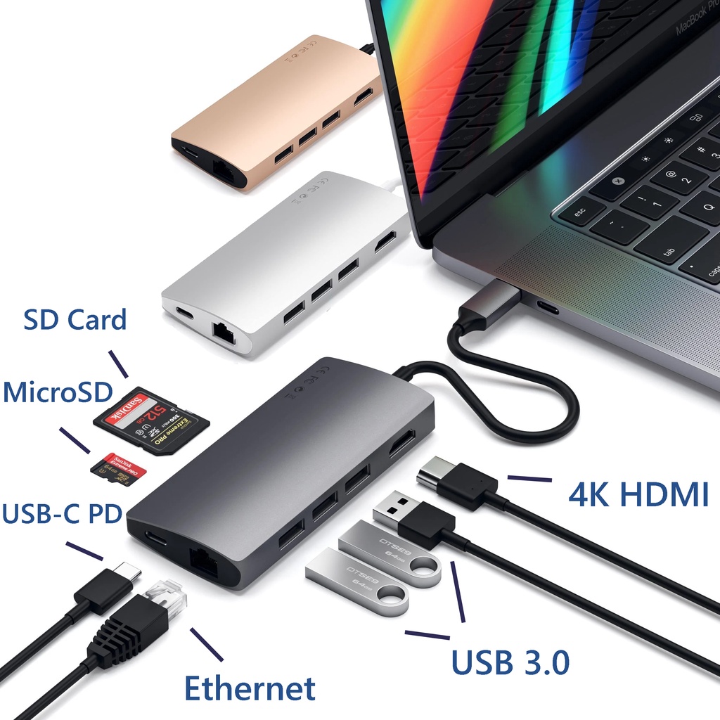 Satechi USB C Hub Adapter V2 V3, 4K HDMI USB C PD Ethernet SD Card