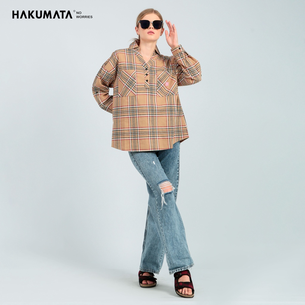 Jual Hakumata Girl Kemeja Flanel Wanita Kotak Cokelat Lengan Panjang Oversize Cora Shopee