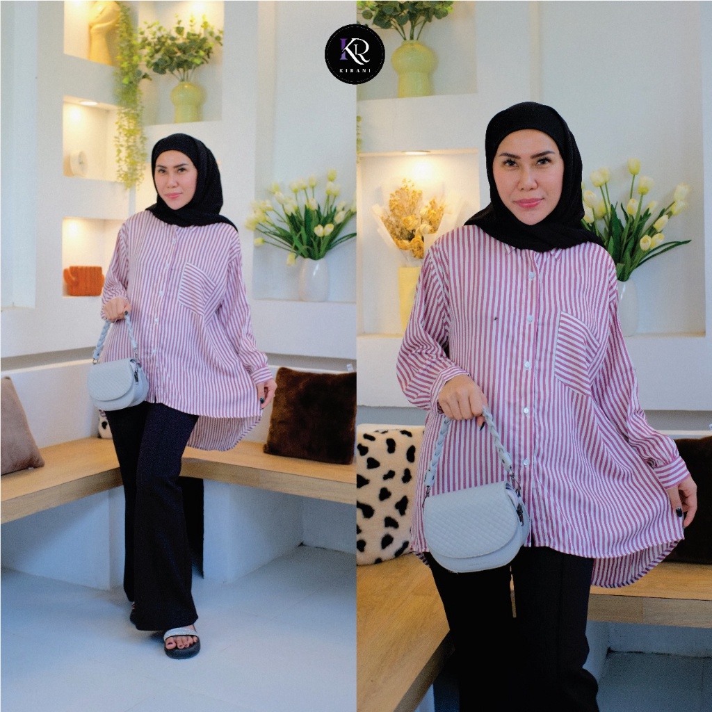 Jual 𝐊𝐈𝐑𝐀𝐍𝐈 Kemeja Oversize Salur Mami Riska Pocket Edele Stripe Rayon ...