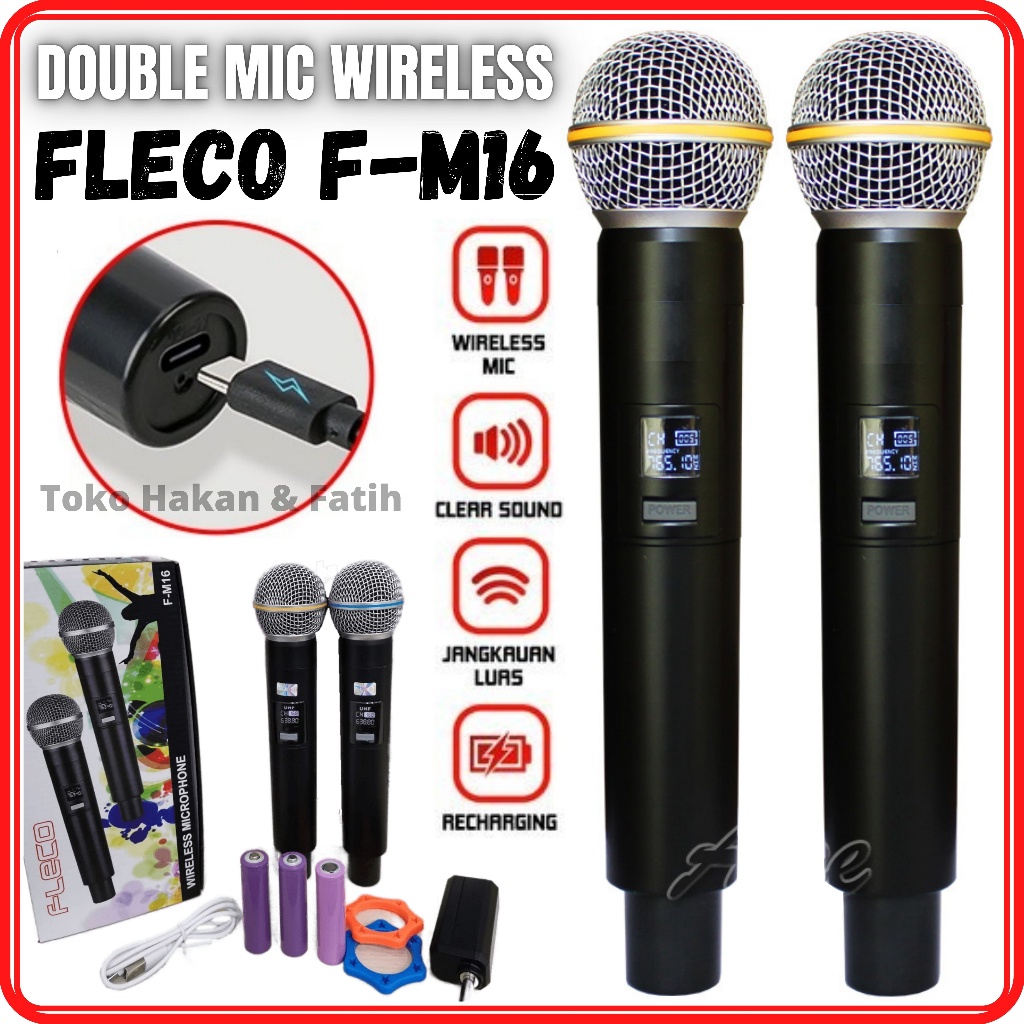 Jual Fleco F M Wireless Microphone Rechargeable Uhf Dual Karaoke Mic