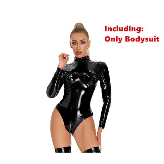 Jual Preorder Women Sexy Lingerie Wetlook Faux Leather Bodysuit Long