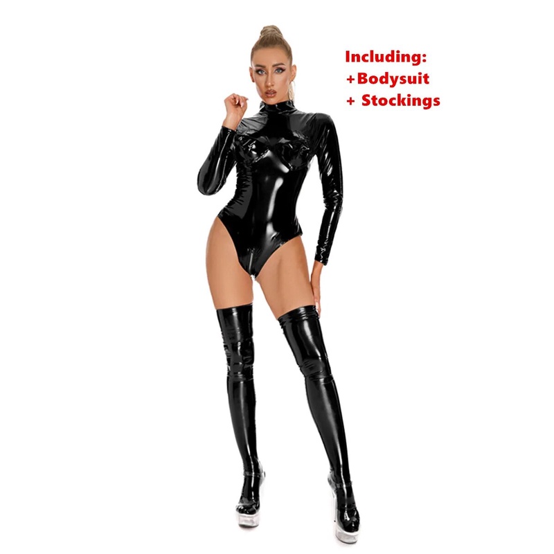 Jual Preorder Women Sexy Lingerie Wetlook Faux Leather Bodysuit Long