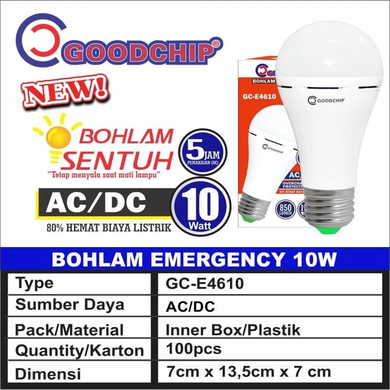 Goodchip GC E4610 10 Watt Lampu Bohlam Emergency LED Tahan Lama GC-E4610 Bohlam Sentuh Otomatis Nyala Saat Mati Lampu | AutoStock