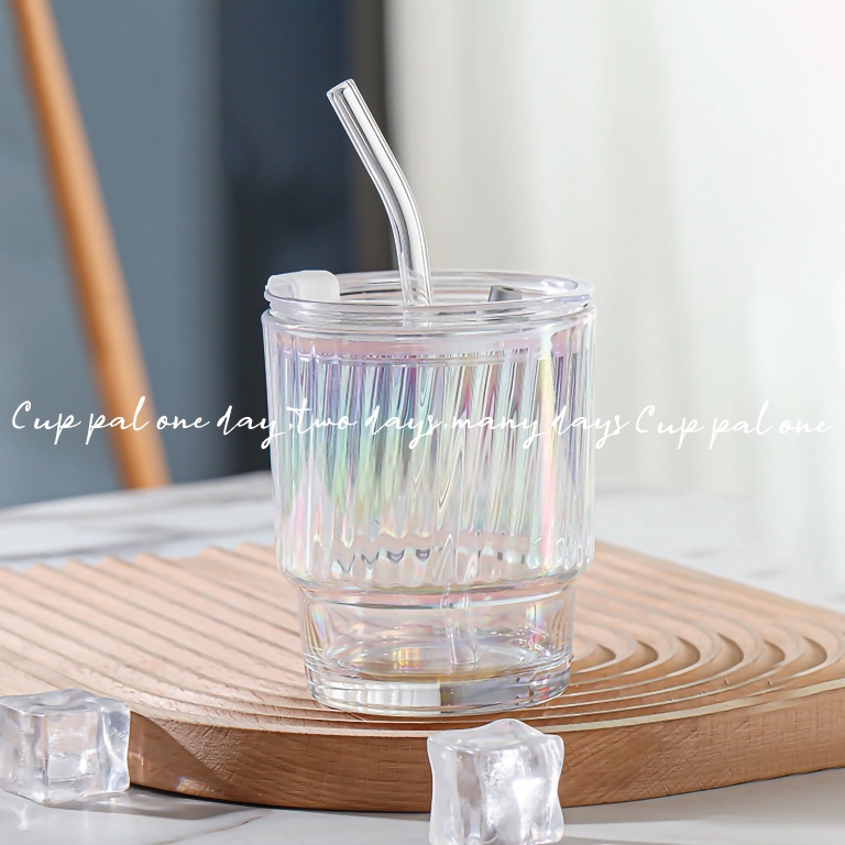 Jual Gelas Tumbler Kaca Aesthetic 420ml Motif Ranibow Dengan Tutup Dan Sedotan Teh Kopi Elegant 0322