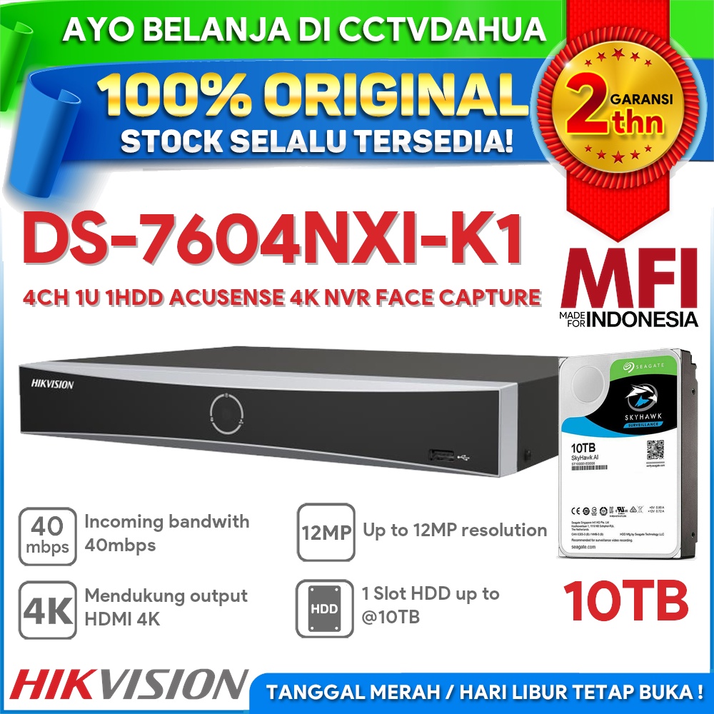HIKVISION DS-7604NXI-K1 4CH 1U 1HDD ACUSENSE 4K NVR FACE CAPTURE 12MP