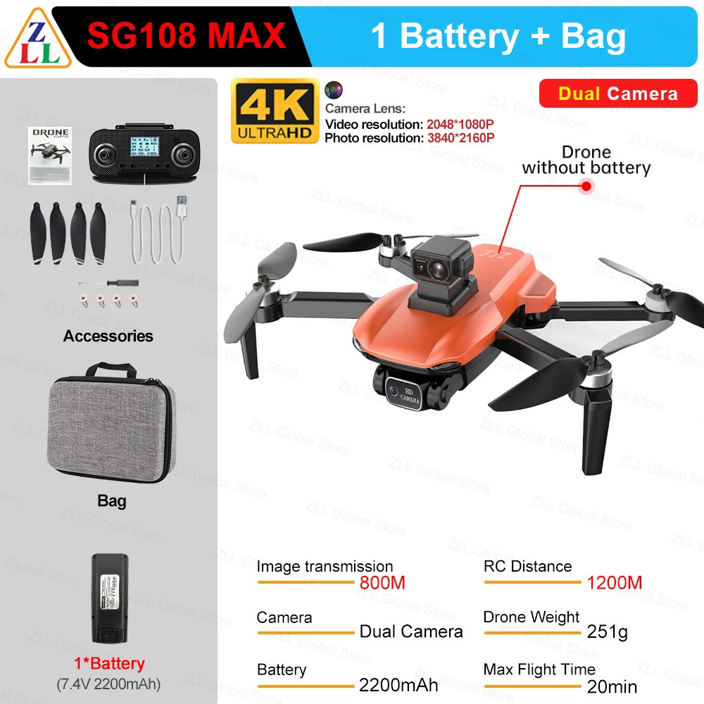 ZLL SG108 Pro SG108 Max GPS Drone 5G Wifi FPV 4K HD Dual Kamera Brhless  RC Lipat Quadcopter 1000M Kontrol Jarak Drone