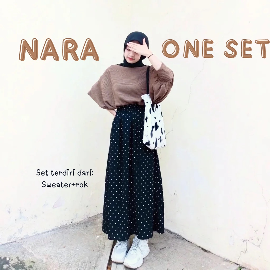 Product image Nara One Set Sweater + Rok Polka - Setelan Wanita Sweater Batwing Rajut Dan Rok Polka - Set OOTD Kekinian Paket