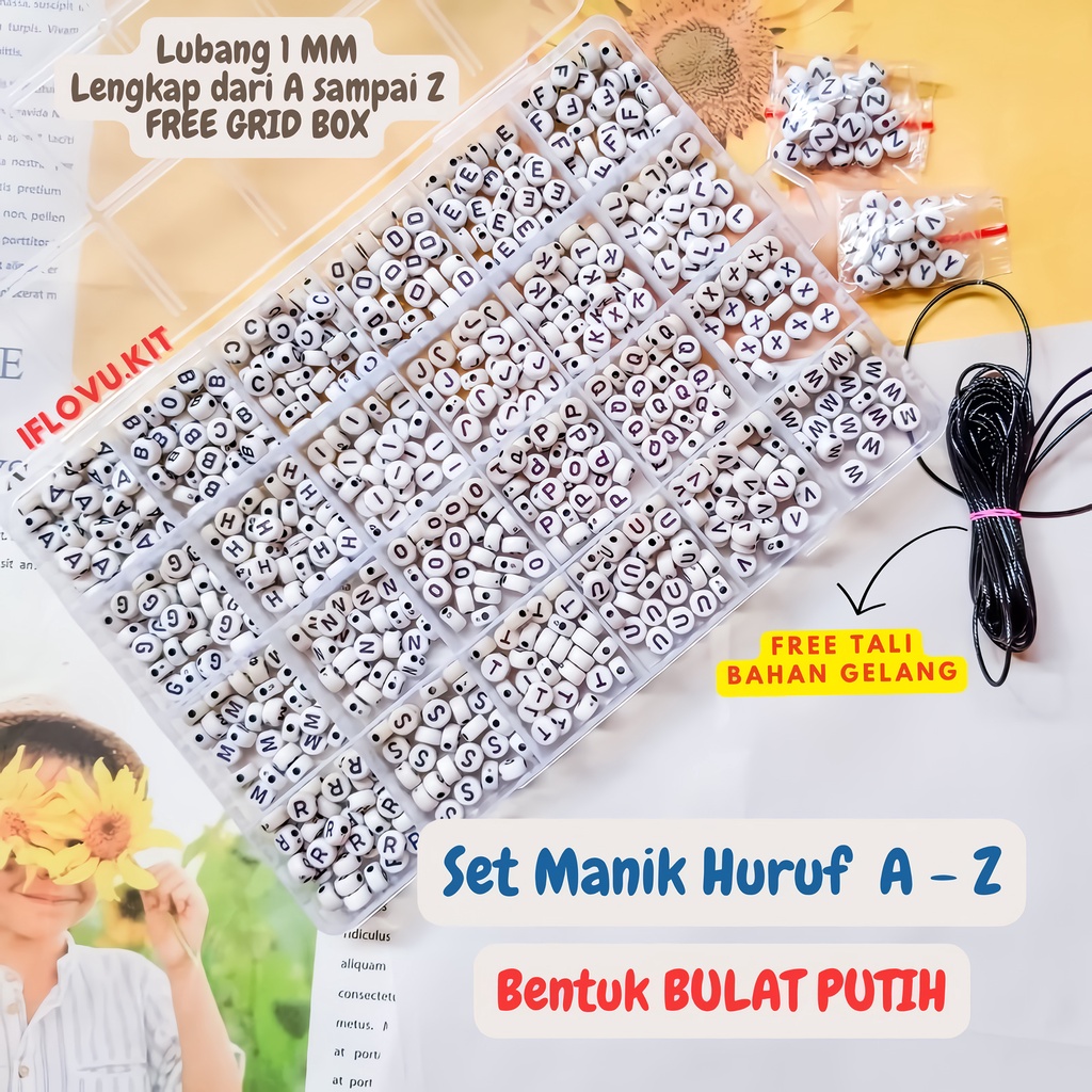 Jual Manik Huruf Lengkap A sampai Z BULAT PUTIH FREE TALI | Manik Manik ...
