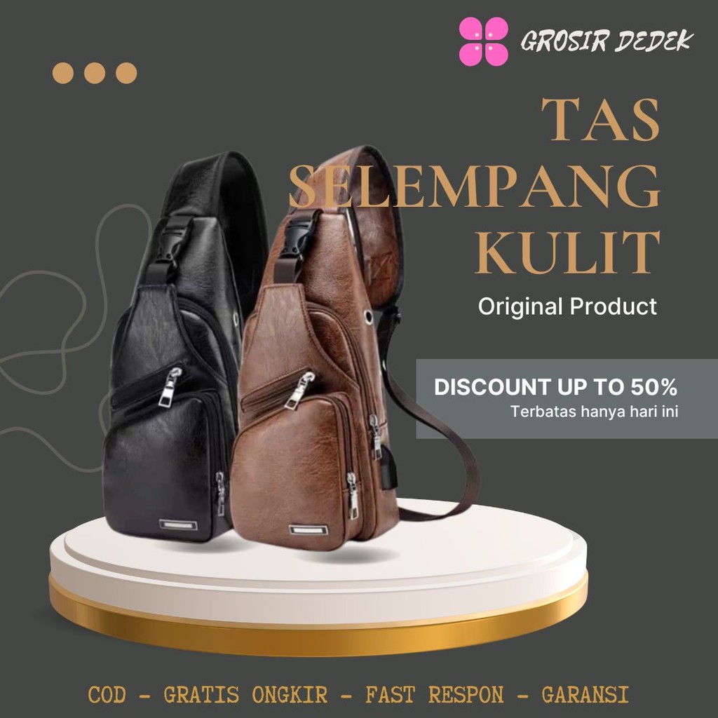 Jual Tas Selempang Kulit Pria Sling Bag USB Port Headset FREE