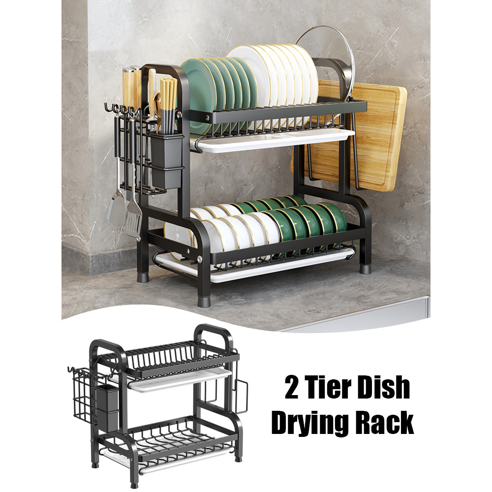 Jual Dish Drying Rack 2-Tier Compact Kitchen Dish Rack Drainboard Set ...