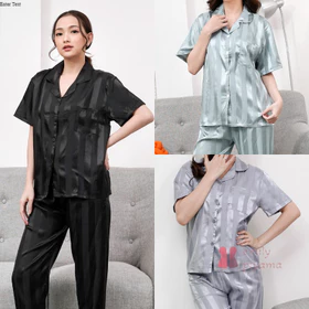EMILY PIYAMA Baju Tidur Piyama Satin Wanita Dewasa Model Garis Lengan Pendek Celana Panjang