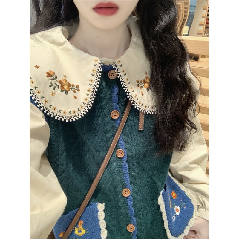 Jual Women's autumn pastoral flower embroidery knitted layered vest top