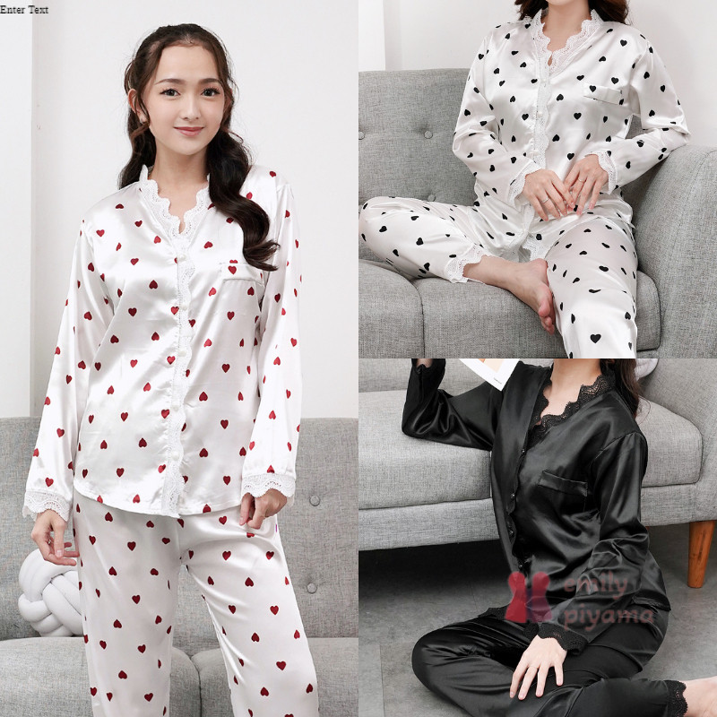 Jual EMILY PIYAMA Baju Tidur Set Piyama Bahan Satin Model Polos Lengan ...