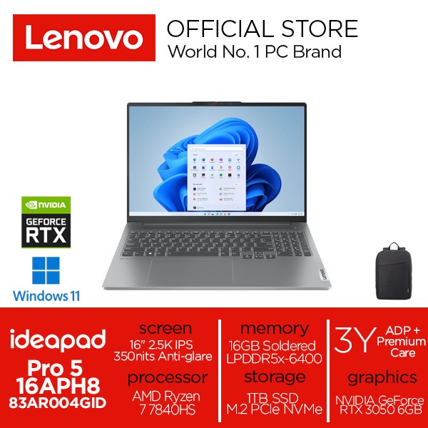 Jual Lenovo IdeaPad Pro 5 16APH8 4GID AMD Ryzen 7 7840HS 16GB 1TB 16" W11 RTX3050 Shopee Indonesia