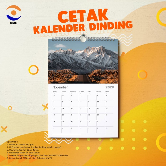 Jual Cetak Kalender Dinding Hanger Spiral Kawat Tahun Baru 6 Lembar